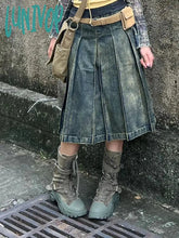 Lunivop Women 2000S Harajuku Fashion Jean Midi Skirt Denim Pleated A-Line Skirts Dark Academia Y2K